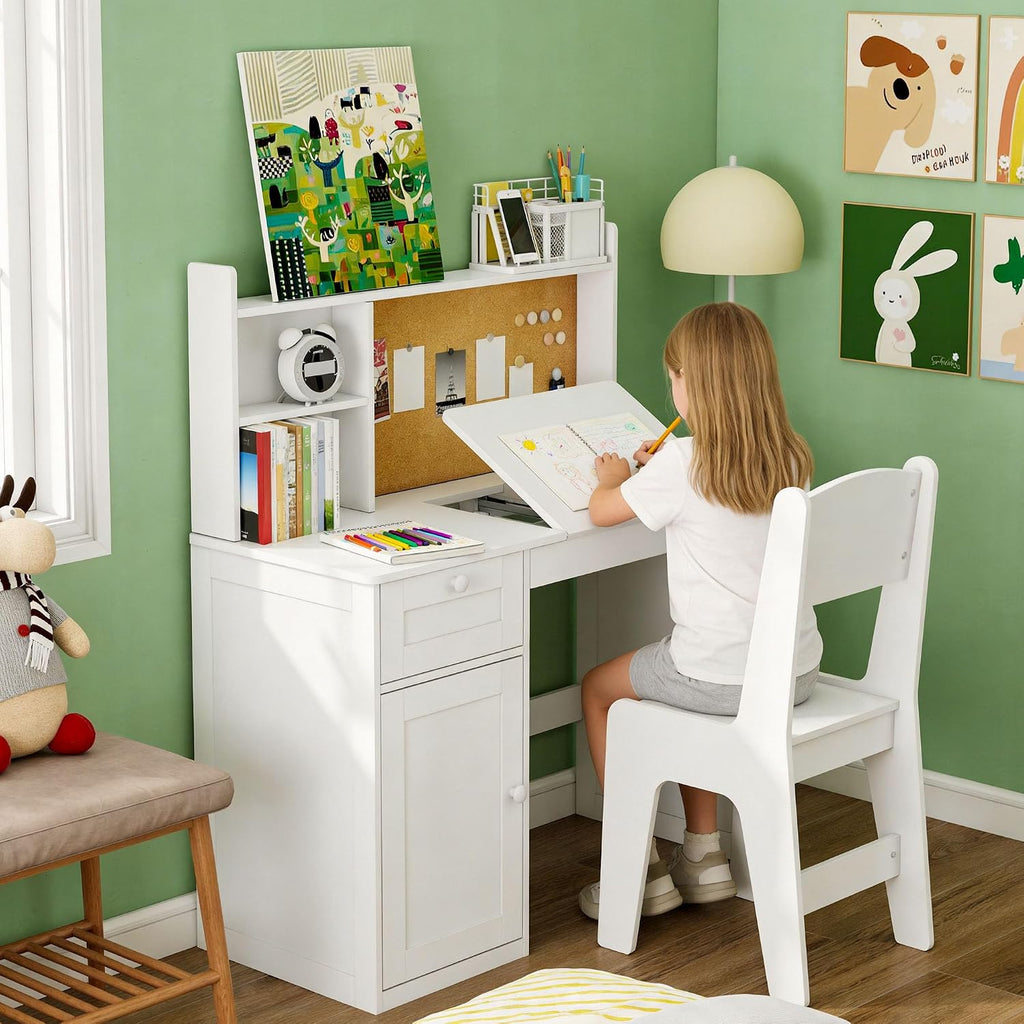 Kids Desk and Chair Set with 0-105° Tiltable Desktop for Ages 5-12, White