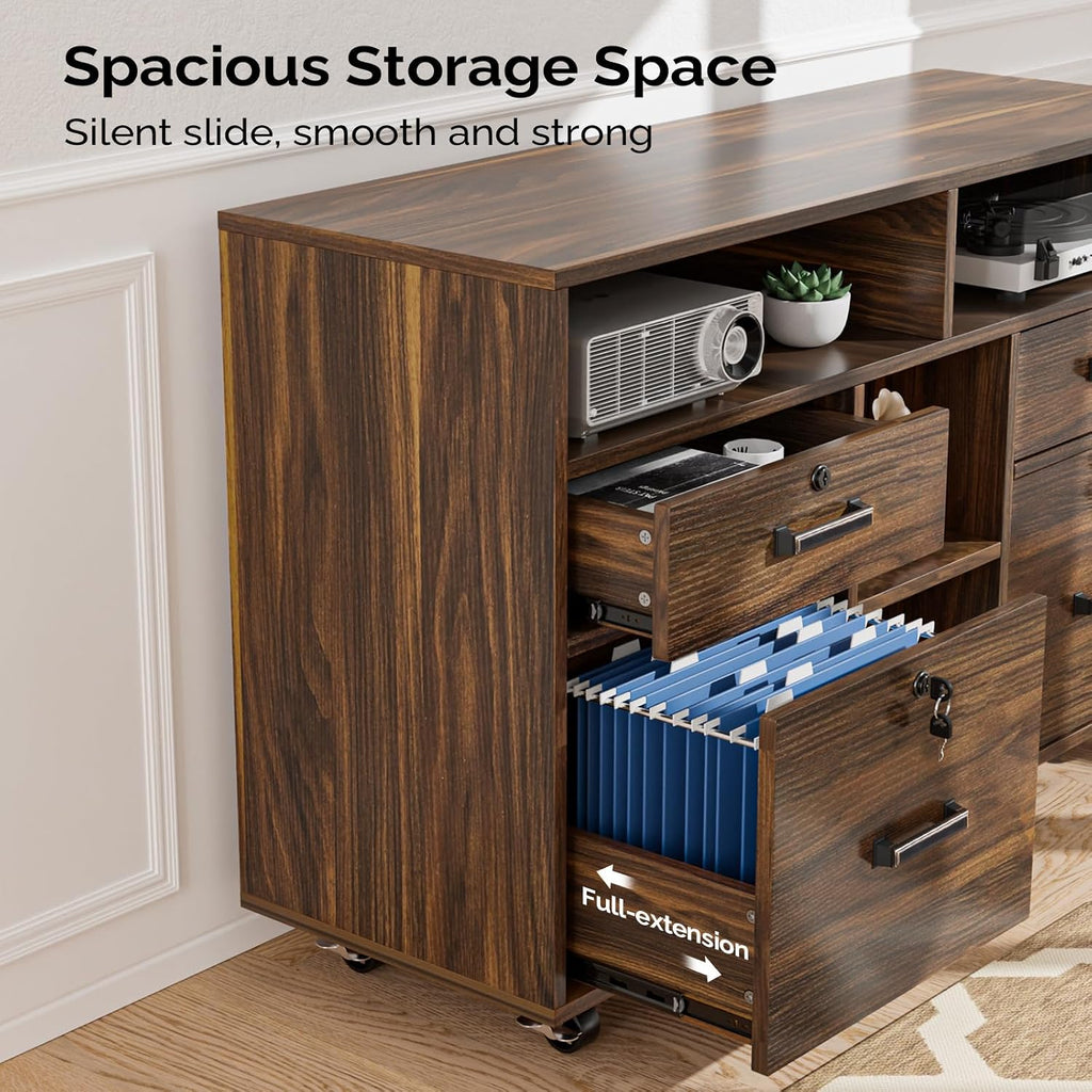 Dark Brown Wood Lateral File Cabinet with Lock, 4 Drawer & 4 Open Shelves, Rolling File Cabinet , Letter Sized