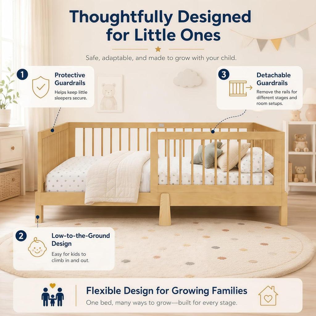 Montessori Floor Bed with Guardrails for Kids, Natural