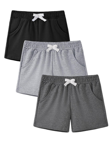 3 Pack Toddler Boys Shorts French Terry Pull-on Knit Short with Pocket Black+Light Gray+Dark Gray
