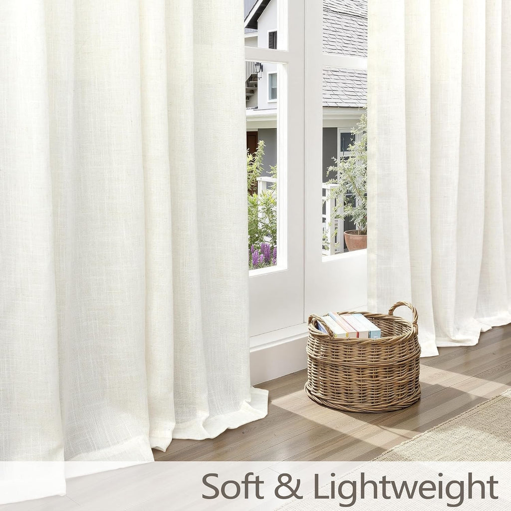 Natural Pinch Pleated Linen Cream Curtains 84 Inch Length 2 Panels for Living Room Bedroom Ivory Semi Sheer Light