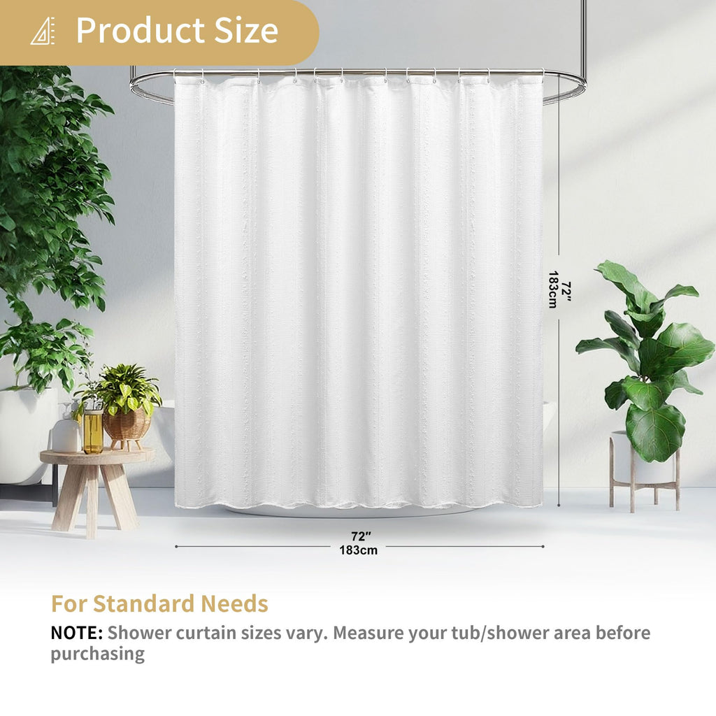 White Boho, Textured Cotton Blend Waffle Weave Stripe Fabric Shower Curtains, Washable, 72 x 72