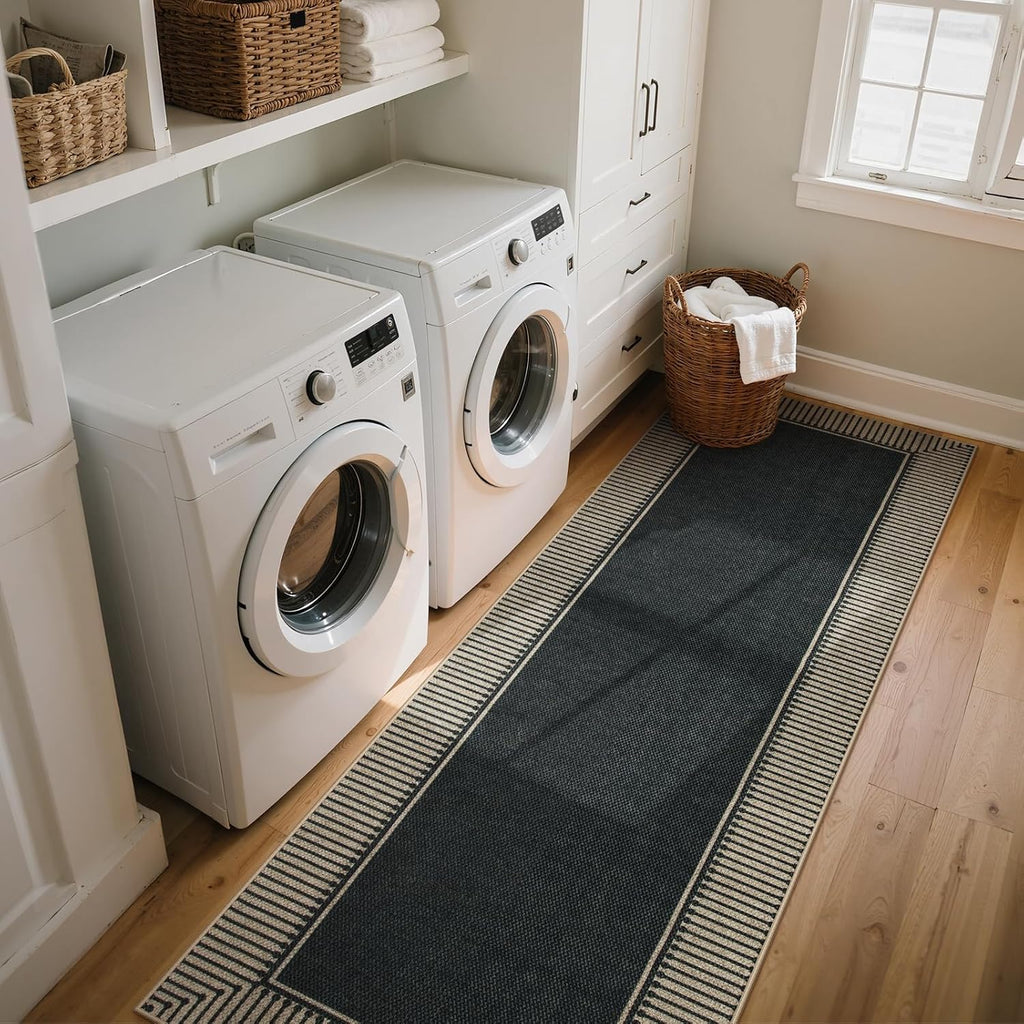 Easy Jute 2'6"x8' Runner Rug, Black Indoor Outdoor Striped Runner