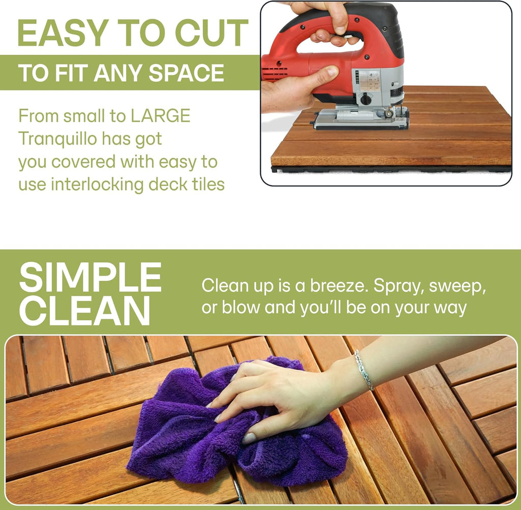 Interlocking Deck Tiles 12”x12”, Acacia Wood Patio Tiles, Waterproof Flooring Tiles for Indoor and Outdoor - Non-Slip