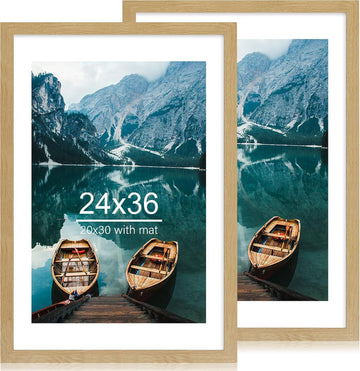 24x36 Poster Frame Set of 2, Natural Oak Wood Style - Display 20x30 Picture with Mat or 24 x 36 Poster without Mat