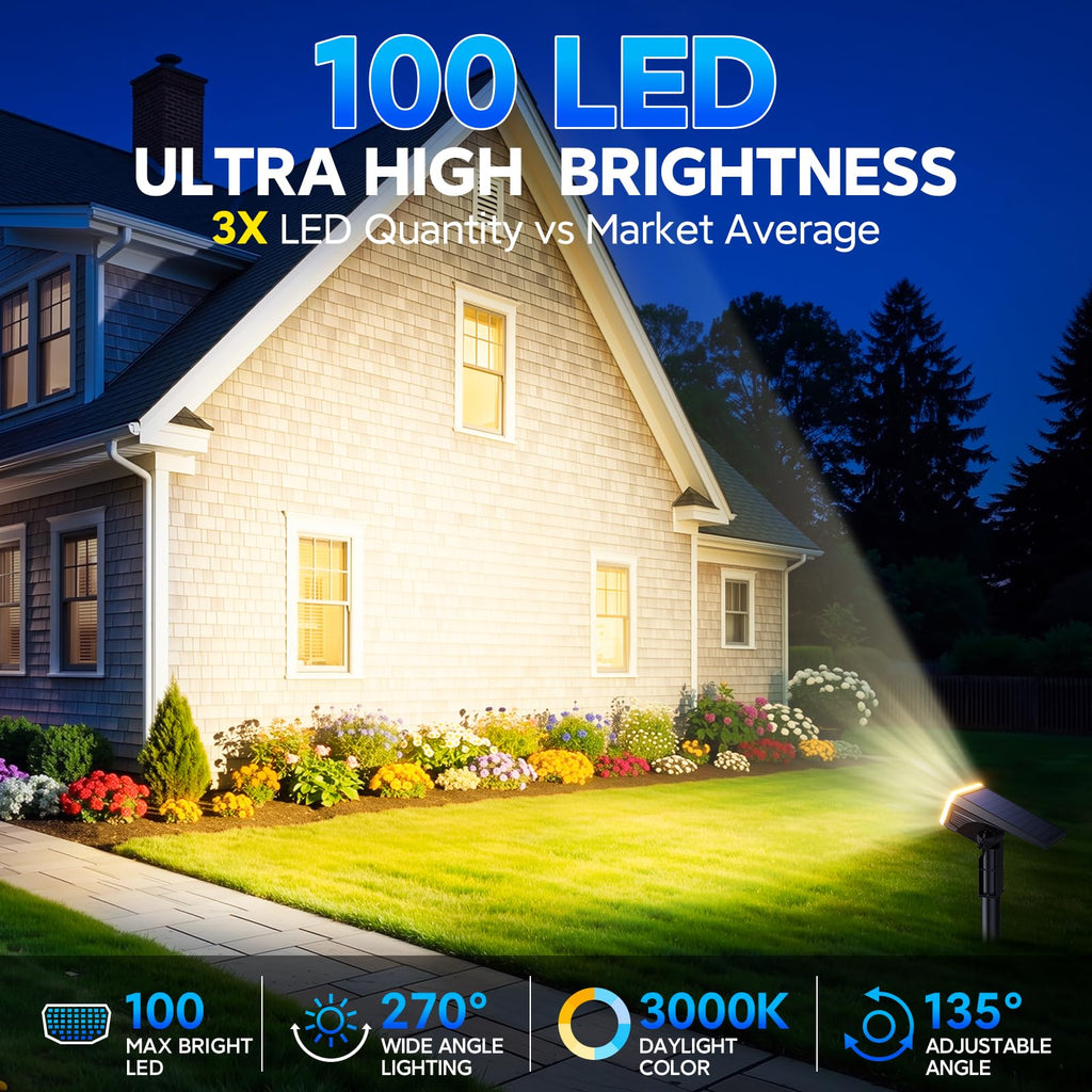 Solar Spot Lights Outdoor Waterproof IP65, 100 LED Solar Lights Outdoor