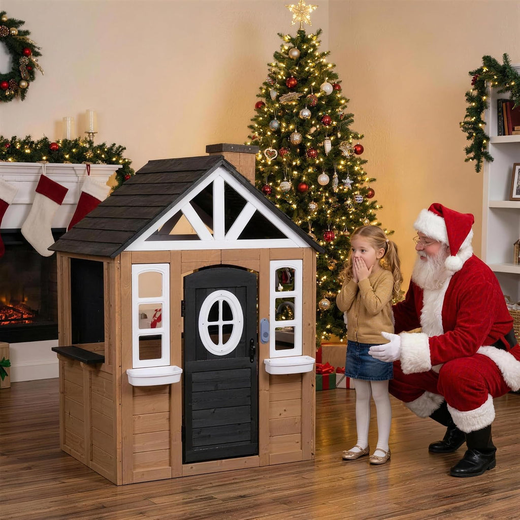 Kids Outdoor Playhouse, 9-in-1 Cedar Wooden Playhouse with Kitchen Set, Snack Bar, Dog Door, Working Doorbell, Toy
