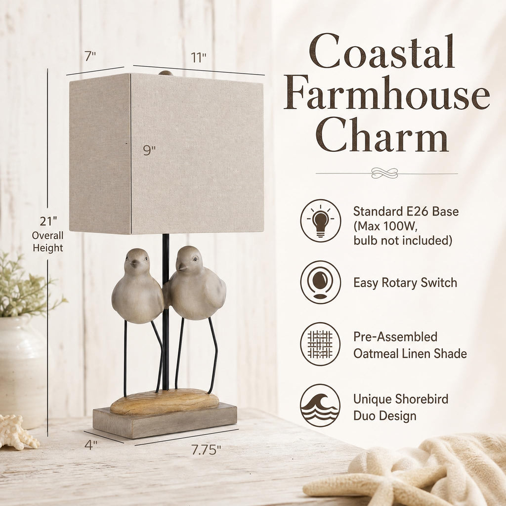 21" Coastal Bird Table Lamp, Twin Gray Resin Shorebirds