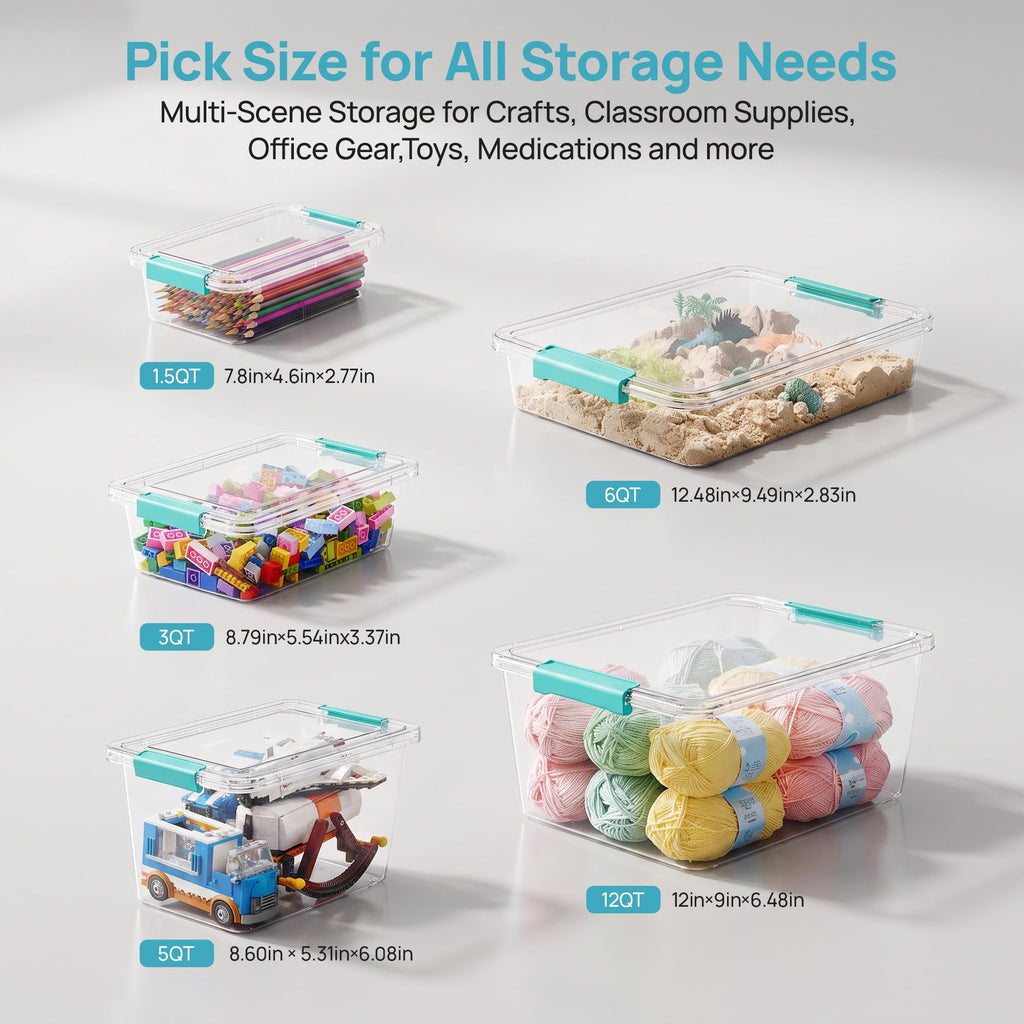 6 Pack 5 Qt Clear Storage Bins with Lids for Toy & Craft Storage