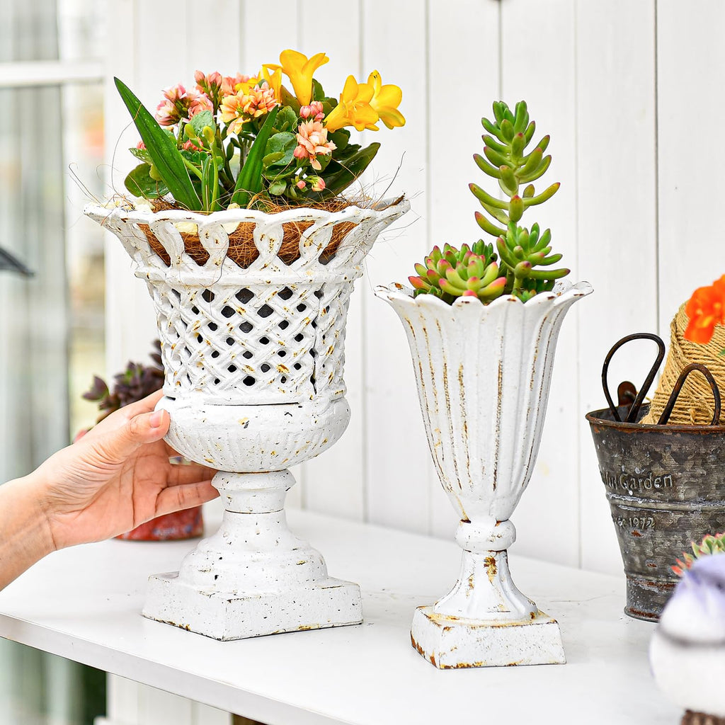 Cast Iron White Urn Planter - 10 Inches Hollow Trophy-Shaped Design