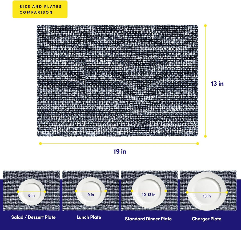 100% Cotton Placemats Rectangle Two Tone Woven Fabric 13" x 19" Soft Durable Table Mat Set, Navy - Set of 6
