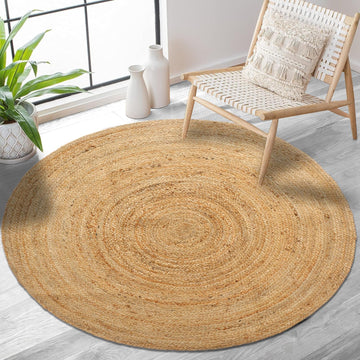 Hand Woven Jute Area Rug - Circle Boho Round Jute Rug 5 Foot | 5' Round - Rustic Beige Reversible Farmhouse Rugs