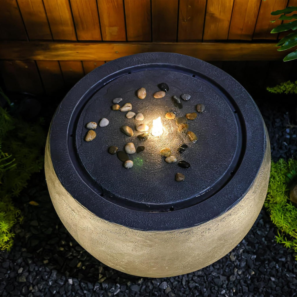 Garden Water Fountain Outdoor Large Round Bubbler Water Feature Indoor with Lights & Pump and Pebbles Concrete Effect