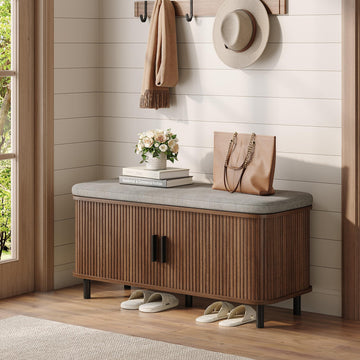 39" Upholstered Shoe Storage Bench, Entryway Bench with Linen Seat Cushion, 2 Tier Hidden Shoe Rack with Adjustable