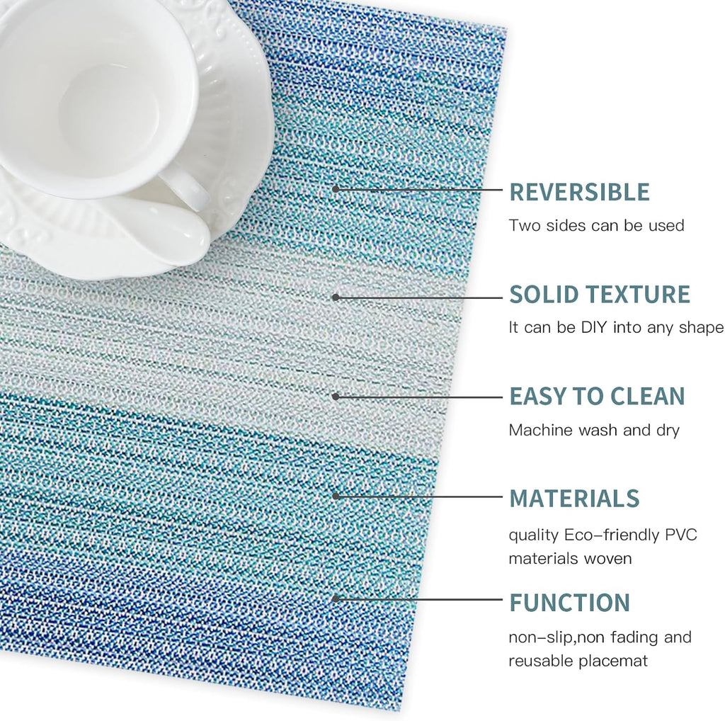 Blue Placemats,Stain-Resistant Kitchen Table Mats Washable Placemats Crossweave Woven Vinyl Placemat Dining - Set of 6