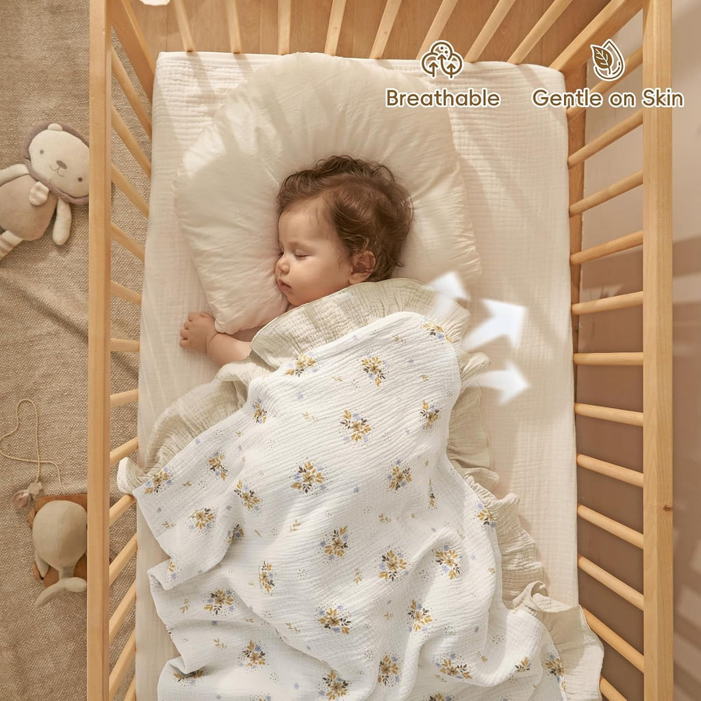 Muslin Baby Blanket for Girls, 100% Organic Cotton Ruffle Swaddle Blanket, Large 47''x47'', Ultra Soft Reversible &