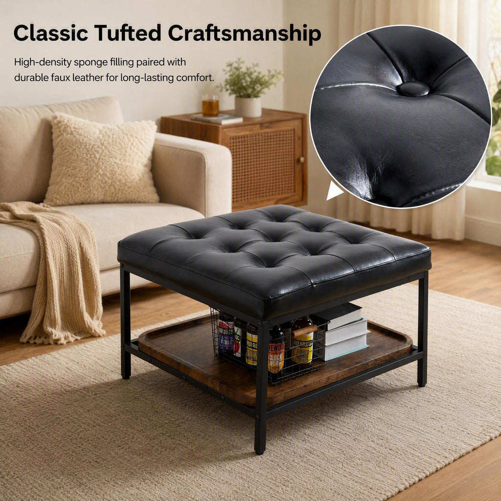 Square Ottoman Coffee Table with Storage Bench, Black Faux Leather