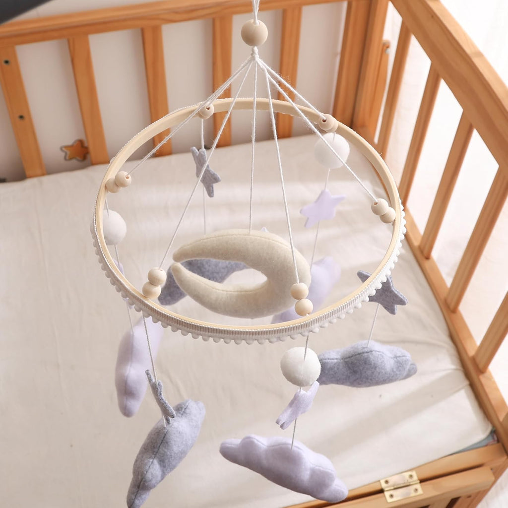 Nordic Boho Baby Crib Bell - Moon & Stars Felt Nursery Decor, Neutral Minimalist Baby Room Hanging Ornament, Modern