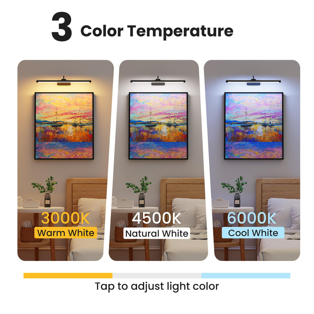 24" Picture Light with 8000mAh Battery - Black Operated Wireless Wall Sconce with Remote & Timer for Large Paintings