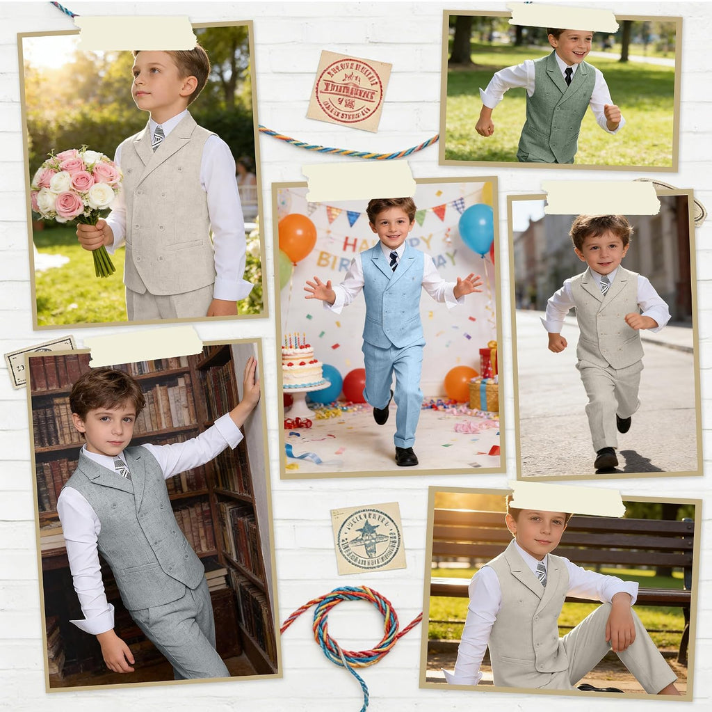 Boys Linen Suit Slim Fit Kids 5 Piece Casual Summer Suits Set