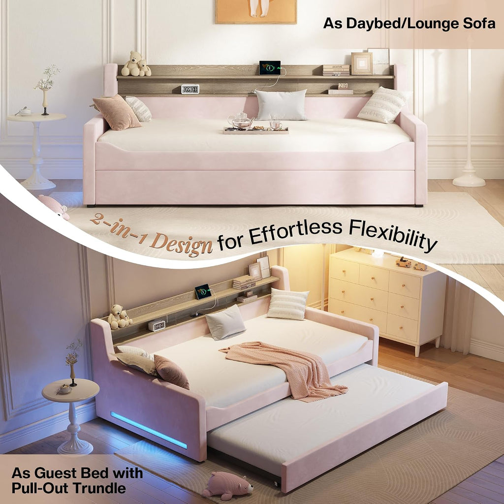 Twin Upholstered Daybed with Trundle and Charging Station, Pink | Storage Headboard, LED Bedside Light, USB Charging