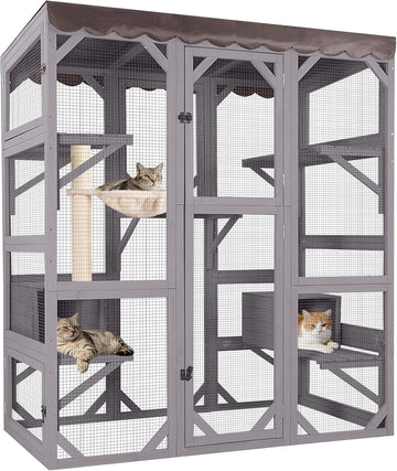 Catio Outdoor Cat Enclosure with 7 Platforms, 2 Resting Boxes, Large Window Cat House for 4-6 Mulitiple Cats Walk