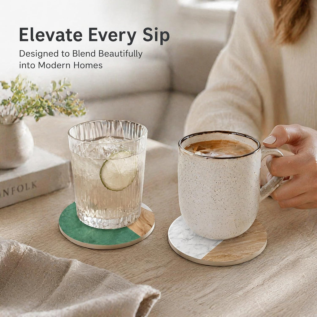 Diatomite Coasters Set, Marble & Wood, Absorbent, Diatomaceous Earth, Modern Home Decor & Accessories - Set of 4