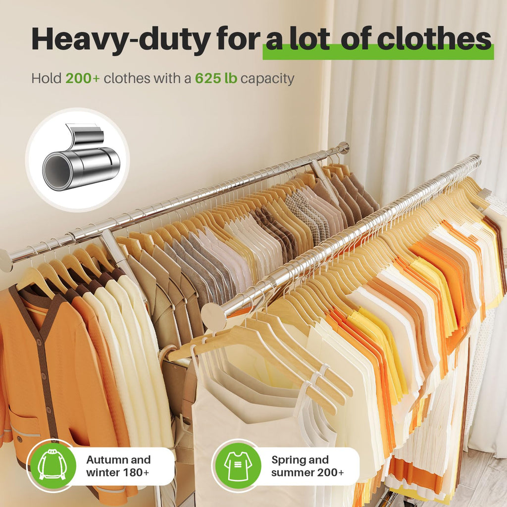 Heavy Duty Clothes Rack Load 635 LBS Height Adjustable Double Rod
