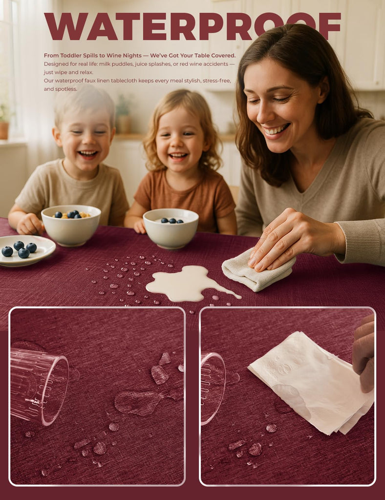 Faux Linen Farmhouse Table Cloth 60"x84" for 4-6 ft Rectangle Table, Burgundy Waterproof Outdoor Washable Cloth