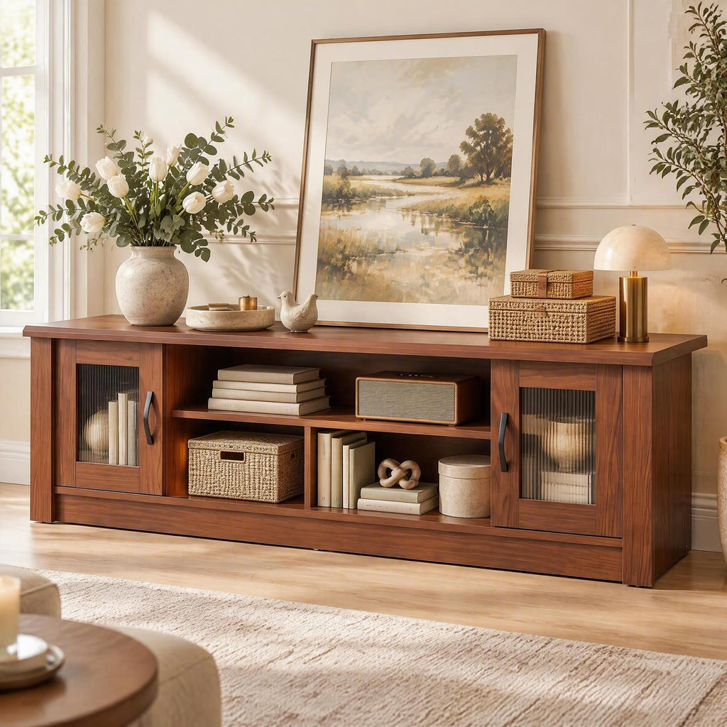 63" Farmhouse TV Stand for 70 inch TV with 2 Fluted Doors (Oak)