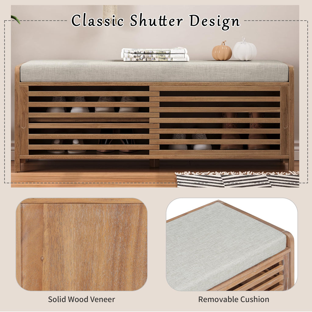 Shoe Storage Bench with Cushion, 2-Tier Entryway Bench with Sliding Shutter Doors, Farmhouse Style, 43.3" W x 15.4"