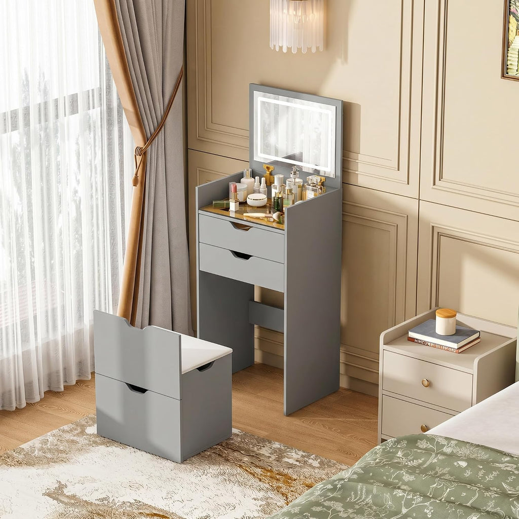 Vanity Desk with Mirror and Lights, Vanity Table Set with Storage Drawer, Bedroom Dressing Table with Charging
