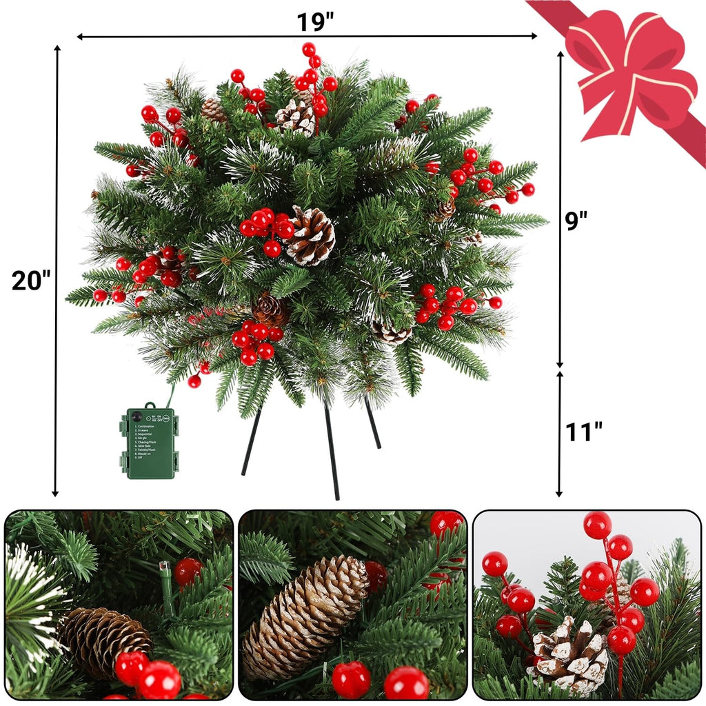 2 Pack Pre-lit Christmas Tree Urn Filler, Lighted Artificial Xmas Pine Trees with Tripod Stake, 8 Modes & Timer