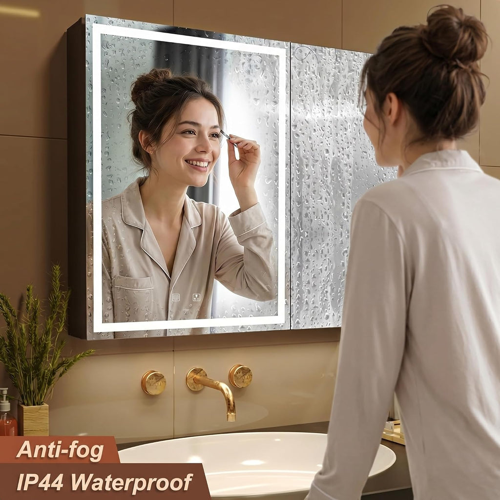 30x28 Inch Aluminum LED Bathroom Mirror Cabinet with Backlit Panel | Light Adjustment, Anti-Fog, Sockets&USBs, High