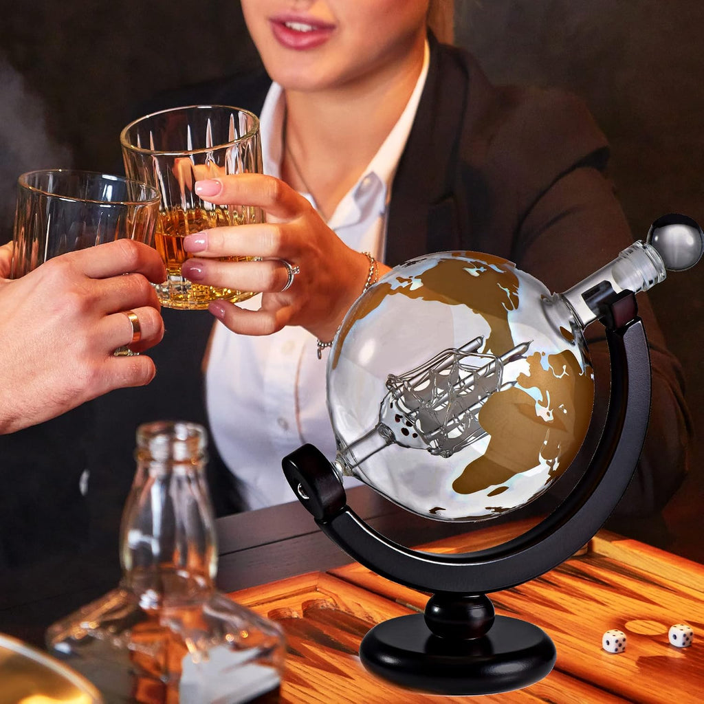 Whiskey Decanter Globe Gift Set - Rich Base Tray - Gold Whiskey Dispenser Airtight Stopper for Wine, Bourbon, Brandy