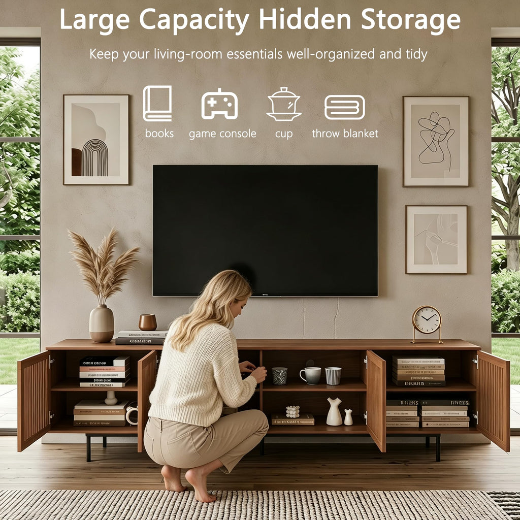 86.6" TV Stand, Media Console with Slatted Doors for 75+ Inch TVs