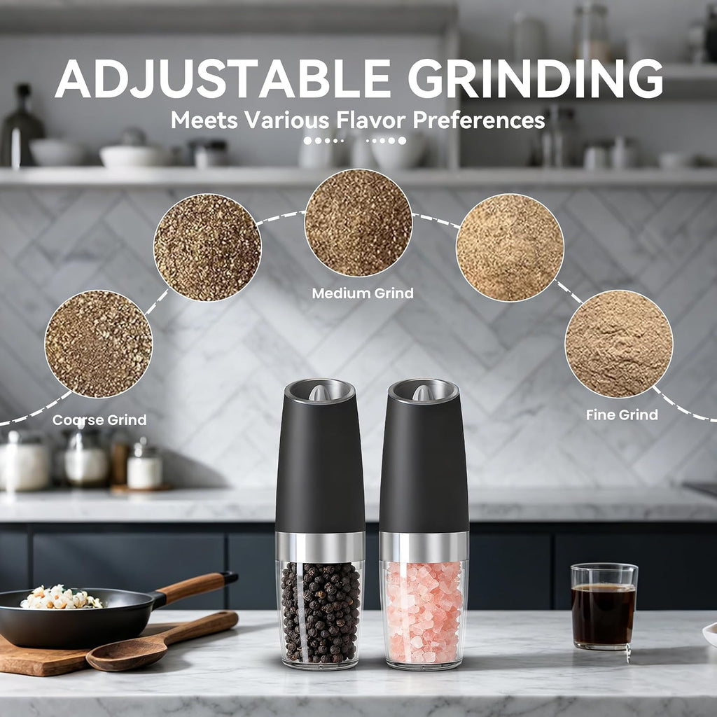 Battery Operated Gravity Salt And Pepper Grinder Set, (Black) - Set of 2