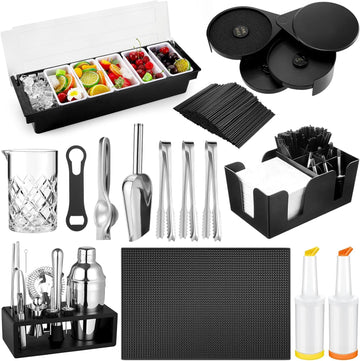 Bartender Kit, Mixologist Bartender Kit Garnish Tray with Lid Bar Caddy and 3 Tier Glass Rimmer - Set of 28
