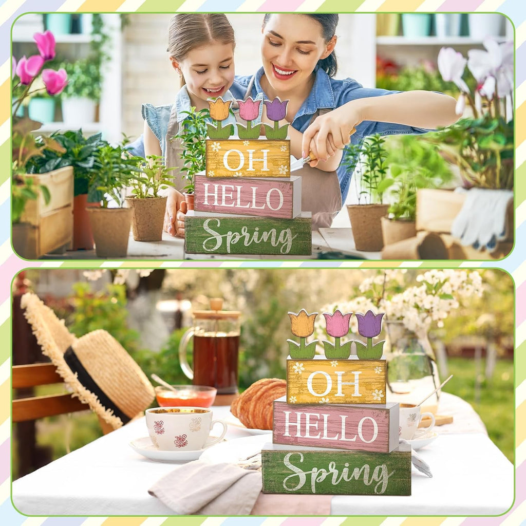 Hello Spring Decoration Wooden Tulip Tiered Tray Decor Spring Centerpieces for Table Double Side Flower Wooden - Set of 9