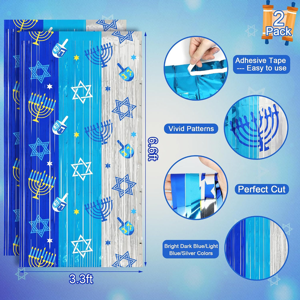 Hanukkah Decorations Backdrop Metallic Tinsel Foil Fringe Curtains, 2 Pack - Set of 2