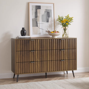 Fluted 6 Drawers Dressers, 47.24" W Chest of Drawers, Mid- Century Modern Wooden Dresser TV Stand Drawer Storage