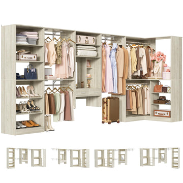 Closet System with Vanity Desk, 156"Modular Corner Closet Organizer System with Hanging Rods & Adjustable Shelves