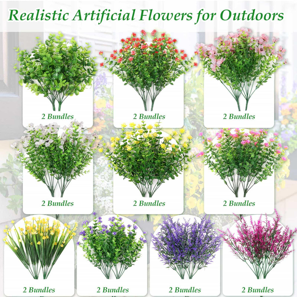 20 Bundles Realistic Artificial Flowers Bulk for Outdoors, UV Resistant