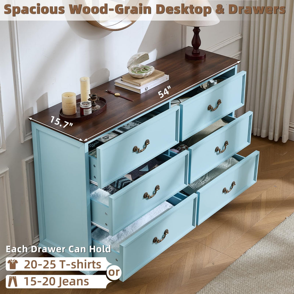 Farmhouse 6 Drawers, Vintage 54" Wide Chest of Drawers w/ 4 Wooden Legs, Rustic Large Closet Storage Dressers