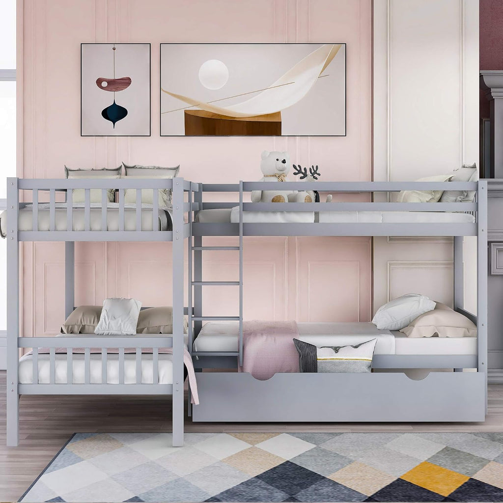 Twin L-Shaped Bunk Bed with Storage Drawers, Wooden Bunk Bed for 4, Grey