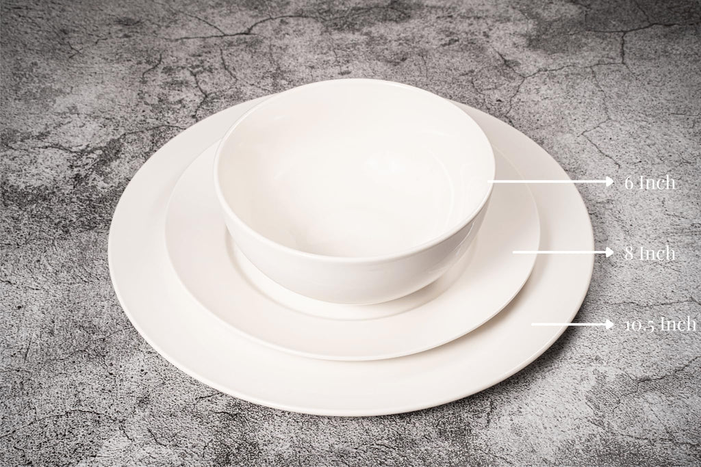 Bone China 12 Piece Dinnerware Set, Santorini Collection (Pure), White, Daily Use China, Tableware Service for 4