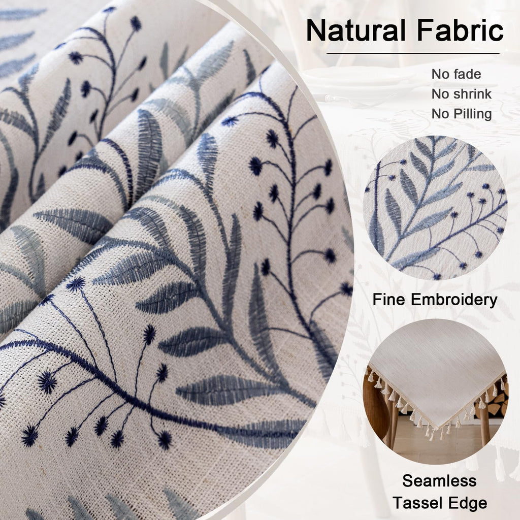 Rustic Waterproof Linen Tablecloth, Heavy Weight Fern Embroidery Table Cloths for Rectangle Tables, Farmhouse
