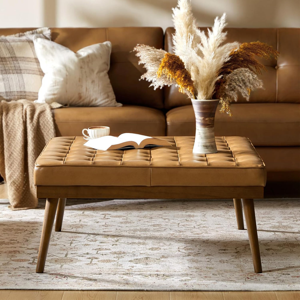 36" Genuine Leather Square Tufted Ottoman Coffee Table, Camel | Button Tufted Style, Solid Wooden Flared Legs