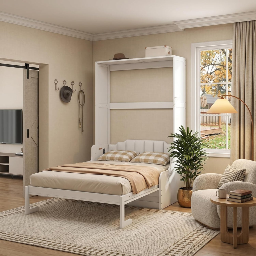 Queen Murphy Bed, Wooden Queen Murphy Bed Wall Bed with Sofa and Cushion, for Home Office or Small Room, White
