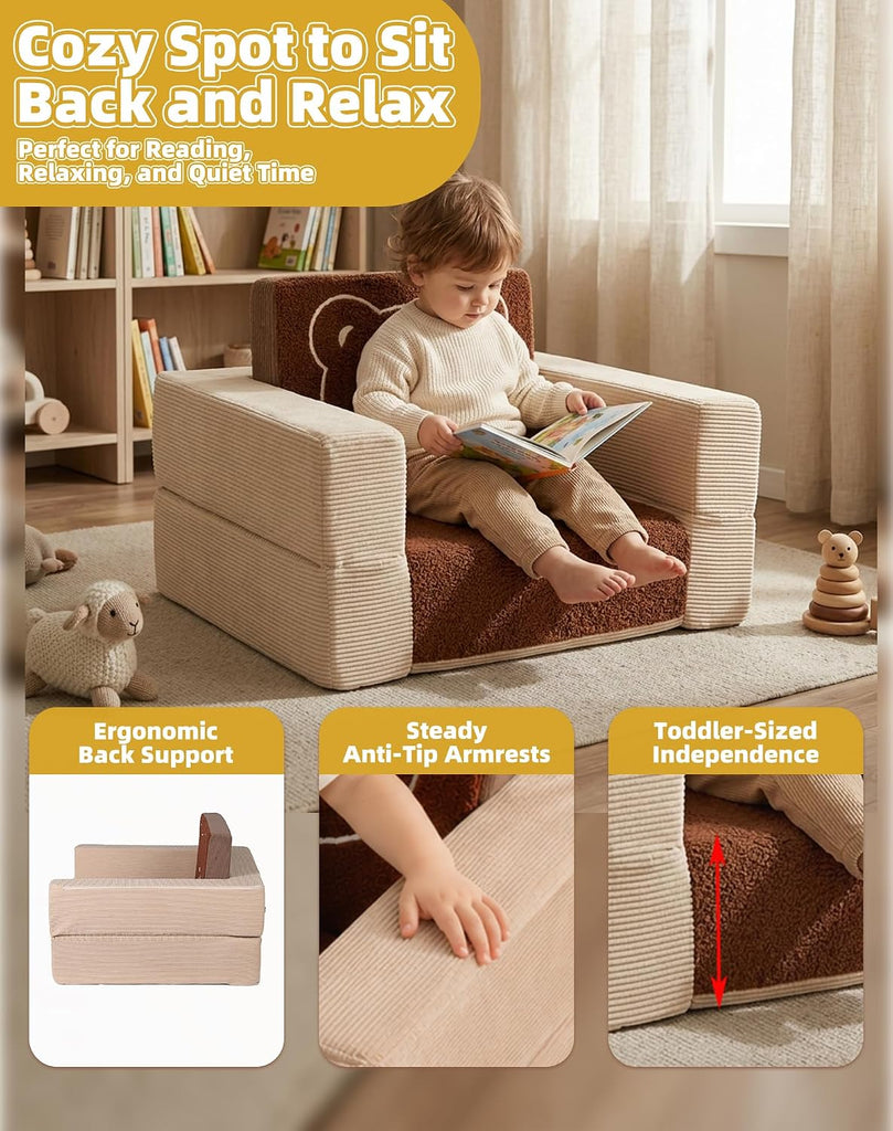 Toddler Travel Sofa Bed with Bear Pattern, 3-in-1 Convertible Toddler Sofa Bed, Portable Soft Foam Kids Couch